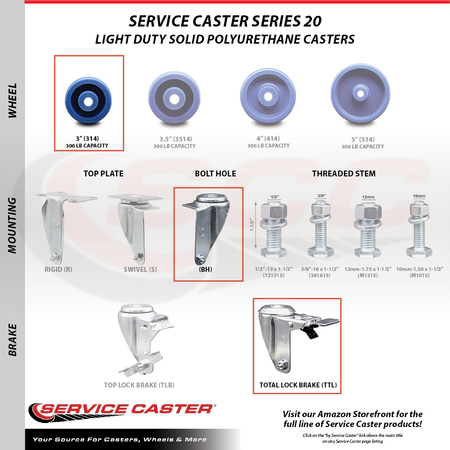 Service Caster 3 Inch Solid Polyurethane Wheel Swivel ½ Inch Stem Caster with Total Lock Brake SCC-TSTTL20S314-SPUS-121315